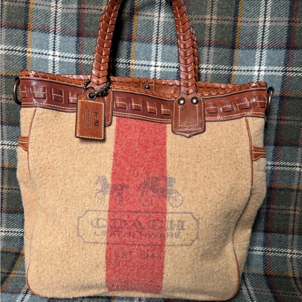 Coach Brown Leather-Trim Plaid Tote with Red Accent